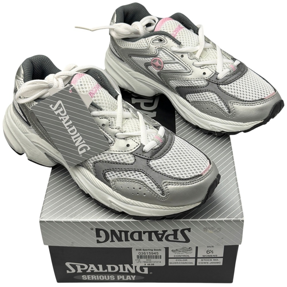 NEW Spalding Women's 6.5 Silver Sneakers Control Athletic Y2K Leather Sporty
